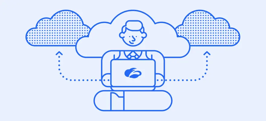 Ilustração de um homem trabalhando em um laptop enquanto se conecta à nuvem